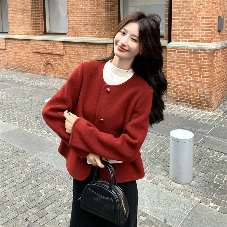 高端气质双面羊毛外套女冬季红色复古显瘦气质圆领短款毛呢上衣潮,女装毛呢外套,2C273