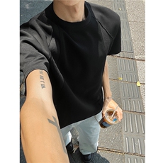 外景重磅正肩美式短袖复古小领螺纹拼接T恤衫男H1078特P20，男装T恤，电商A341
