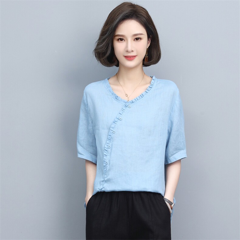 棉麻T恤女夏2025新款短款宽松休闲中年妈妈复古大码上衣亚麻小衫,女装T恤,天丽