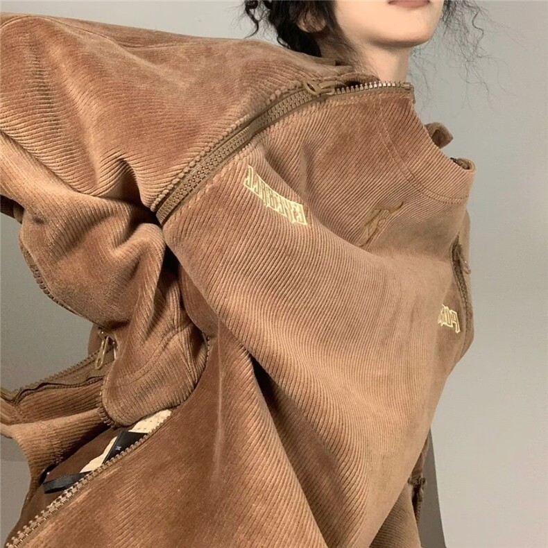 美式潮牌复古刺绣灯芯绒卫衣男女宽松圆领拉链设计感春秋上衣外套,女装短外套,星座1210-1