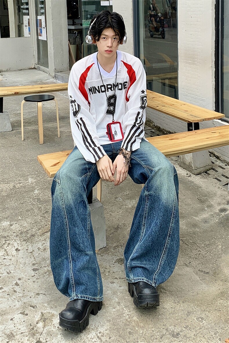 美式复古白色弯刀牛仔裤2025夏季男女宽松百搭阔腿长裤YD9017-P70,男装牛仔裤,星座509