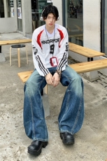 美式复古白色弯刀牛仔裤2025夏季男女宽松百搭阔腿长裤YD9017-P70，男装牛仔裤，星座509