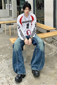 美式复古白色弯刀牛仔裤2025夏季男女宽松百搭阔腿长裤YD9017-P70图片