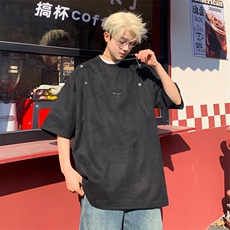 2026夏美式重磅麂皮绒情侣大码日系短袖T恤半袖T6602/特P30黑5，男装T恤，电商A094