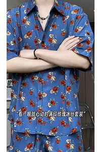 短袖衬衫男+短裤男套装男100%聚酯纤维M-5XL大码TZ78702P50控98图片