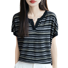 撞色POLO翻领条纹小飞袖t恤女2025夏薄冰麻洋气针织上衣T恤小衫潮，女装针织衫/毛衣，郡淞羊绒