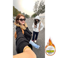 480G重磅加绒硬挺boxy秋冬美式高街超大毛领座山雕连帽卫衣厚外套，女装短外套，电商A486