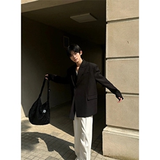 现货~戗驳领西装外套垫肩休闲宽松挺阔黑色男女西服夹克X892-P105，男装夹克，星座1004-3