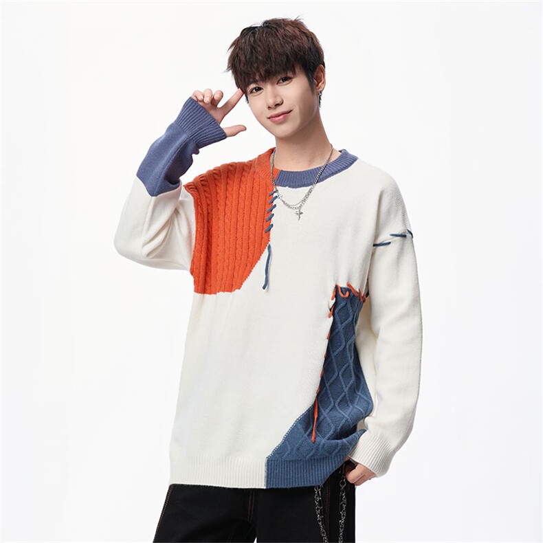 秋季新款拼接圆领毛衣男女宽松休闲百搭高级感上衣ZB7011-特价47，男装针织衫/毛衣，电商A007