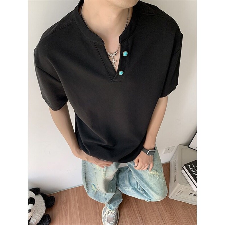 夏季美式v领短袖t恤男士潮牌宽松复古半袖体恤打底衫YW140P45,男装T恤,星座1013-1