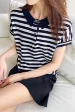 2025夏新款Polo领纯棉套头短袖T恤衫女减龄百搭针织条纹小衫背心，女装针织衫/毛衣，玛莎羊绒