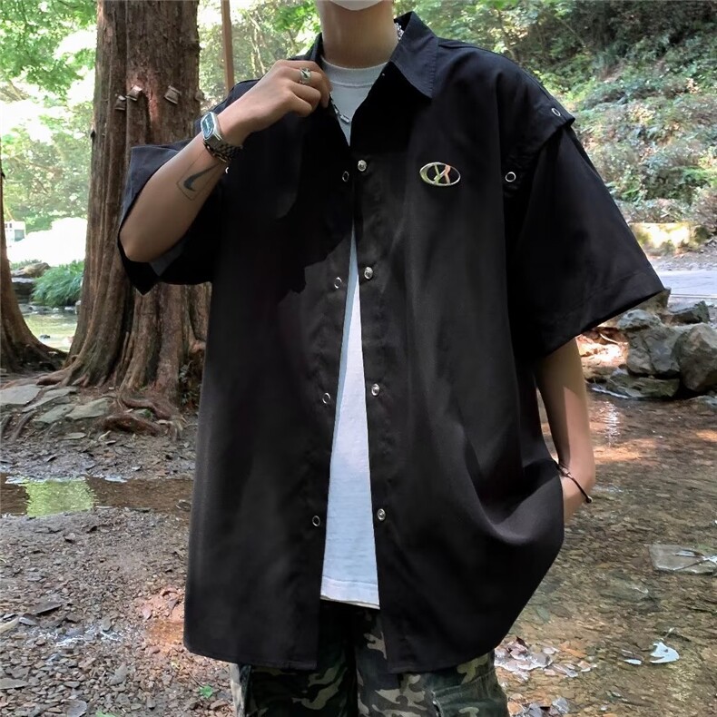 垂坠感黑色短袖衬衫男女可拆卸高级感夏季潮牌宽松衬衣-CS4514,男装衬衫,星座601-2