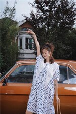 蕾丝领波点连衣裙，女装连衣裙，喜午