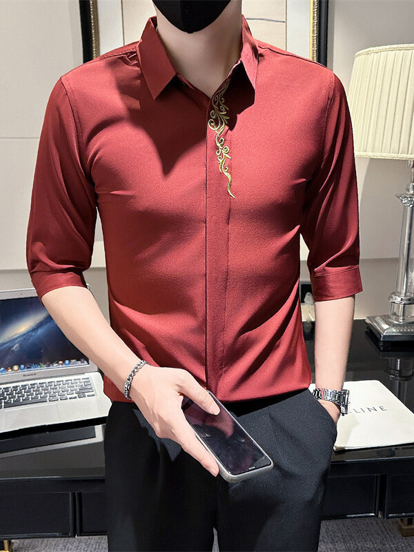 白夏季男士刺绣七分袖衬衫男痞帅店主风衬衣301A-1/CS330/P55,男装衬衫,星座301A-1
