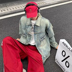 春秋季美式高街机车牛仔外套男款水洗做旧潮牌宽松休闲拉链夹克，男装工装外套，星座1013