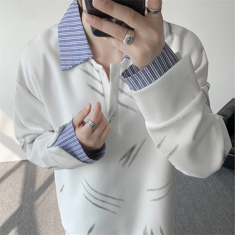 猫爪布假两件条纹拉链衬衫领休闲春款卫衣高街休闲学院卫衣特P55,男装卫衣,电商B319