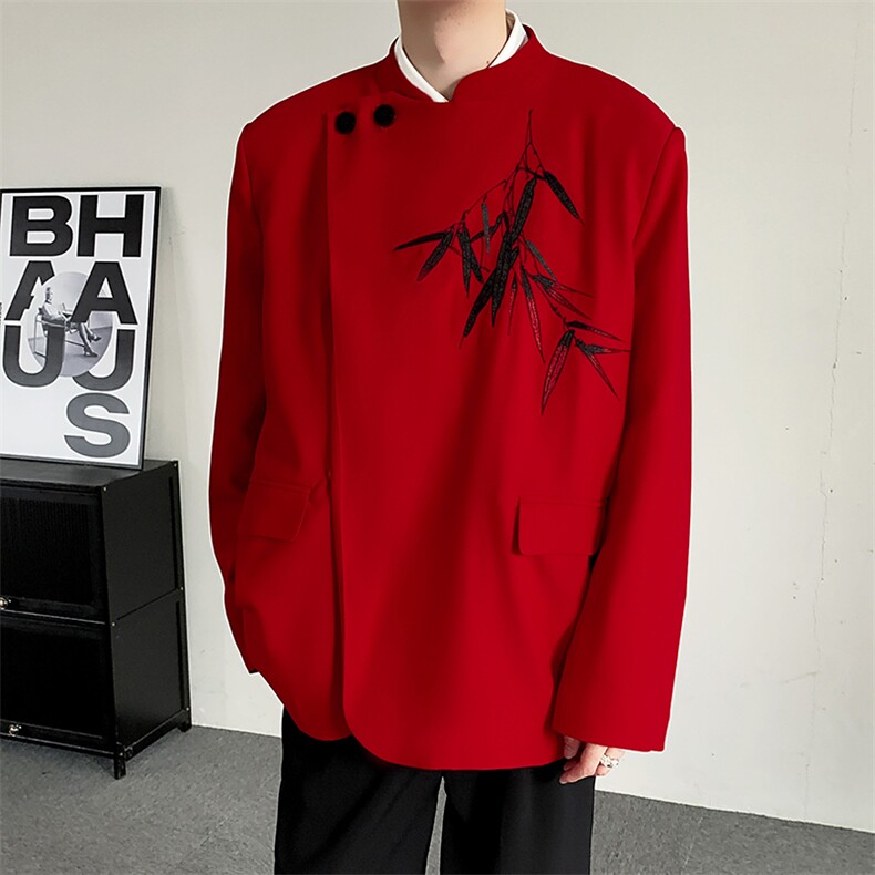26过年喜庆立领西装结婚敬酒服新中式风竹子绣花休闲西服外套,男装西服套装,星座909