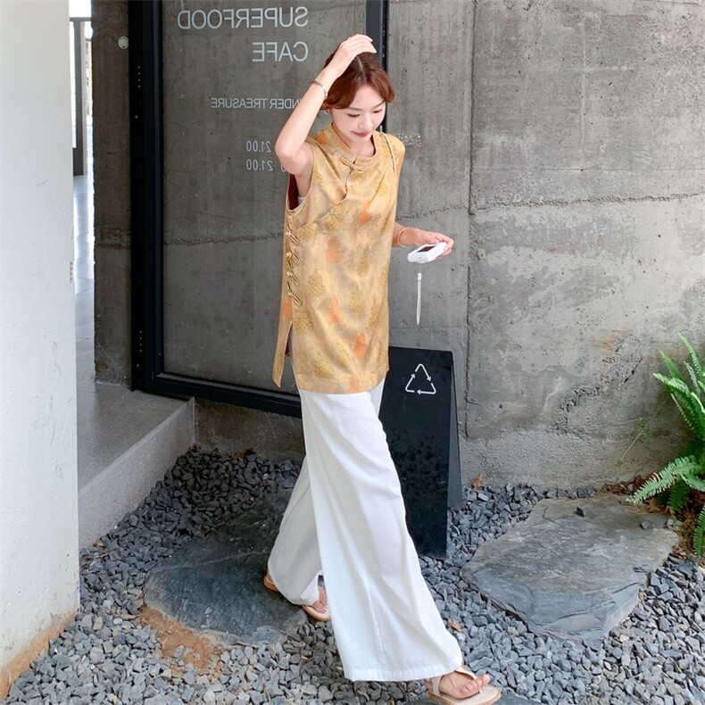 新中式轻奢高端套装女夏季盘扣立领印花无袖上衣阔腿裤裙两件套潮,女装套装/套裙,2C093