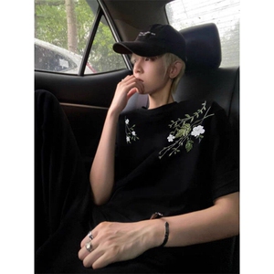新中式花卉刺绣廓形短袖T恤男女百搭圆领夏装上衣服WL10244-P43图片