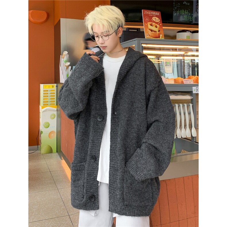 韩高级感灰色连帽毛衣男松弛慵懒风秋冬针织开衫外套潮MYB106图片