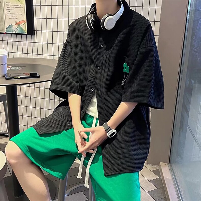 港风ins个性格短袖衬衫男垂感小众五分裤套装工装衬衣TZ0562-P58,男装衬衫,星座308B-1