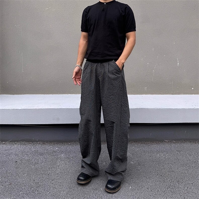 BLACKAT美式高级感cleanfit格子弯刀休闲裤男女显瘦宽松百搭裤子,男装休闲裤,星座506A