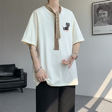 8XL-M纯棉复古拼接假领带设计短袖美式T恤男重工情侣上衣潮DX341，男装T恤，电商D206-1