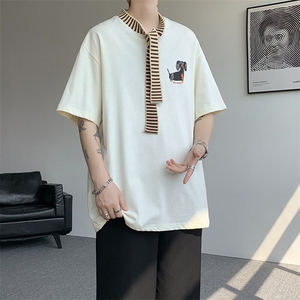 8XL-M 纯棉复古拼接假领带设计短袖美式T恤男重工情侣上衣潮DX341图片