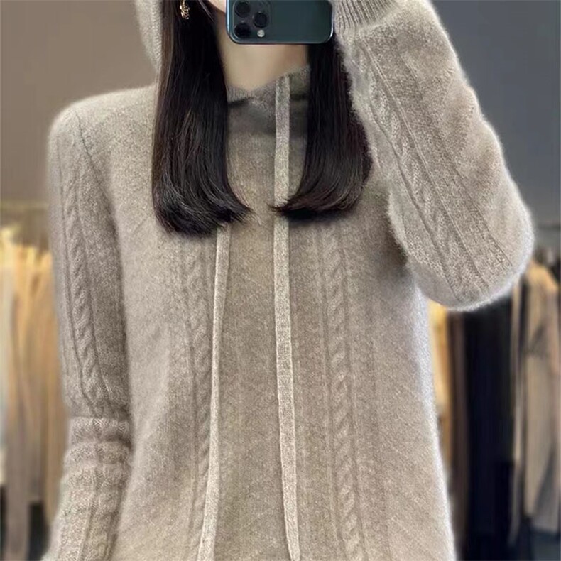 秋冬新款100%纯羊毛衫女纽花纯色连帽卫衣宽松显瘦羊绒针织打底衫,针织衫/毛衣,萱芳婷羊绒