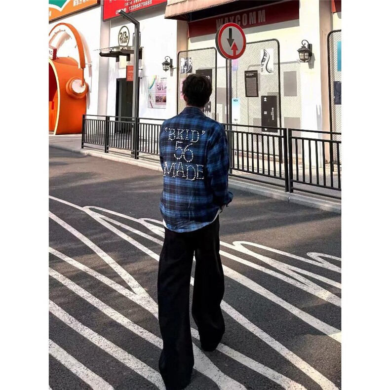 高街cleanfit重工钉珠格子衬衫短袖男美式潮牌宽松小众设计感衬衣,男装T恤,星座1210-1