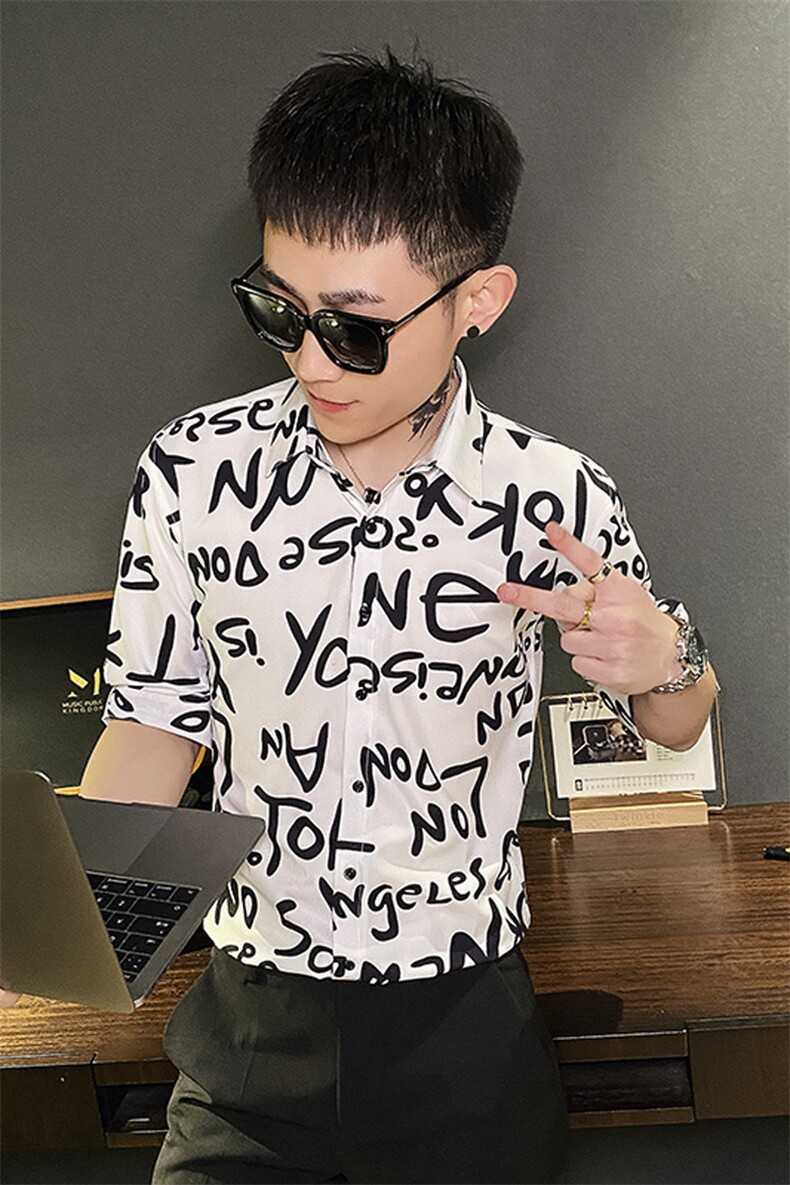 312A-118-P55新款社会小伙中袖衬衫韩版潮流男士五分袖衬衣A,男装T恤,星座312A-5