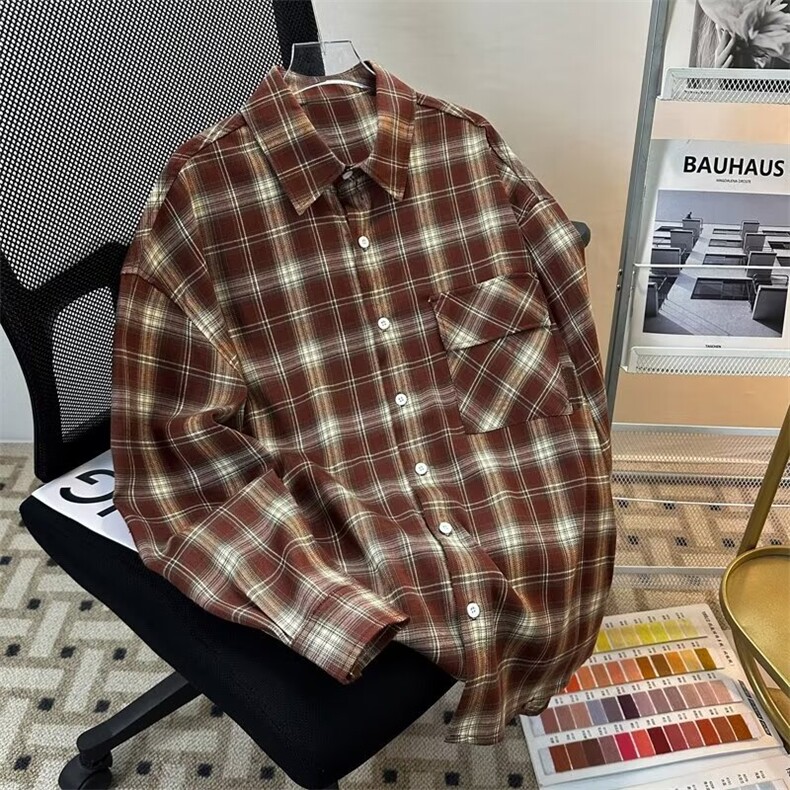 美式复古潮牌格子衬衫男秋季高级感宽松情侣衬衣外套CY1025-P38,男装衬衫,星座412-2