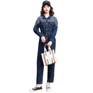 牛仔工装连体裤女2025春秋新款拼接格子高级感时尚流行连衣裤图片