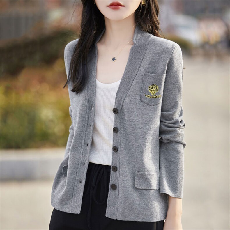春秋新款精纺羊毛V领开衫女西装宽松百搭针织衫毛衣短款外套上衣,女装羊毛衫,暖烁羊绒