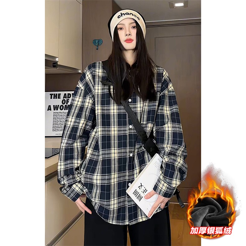 抗寒银狐绒格子翻领长袖衬衫男潮流宽松衬衣C5450J加绒-特P38控68,男装衬衫,电商A001
