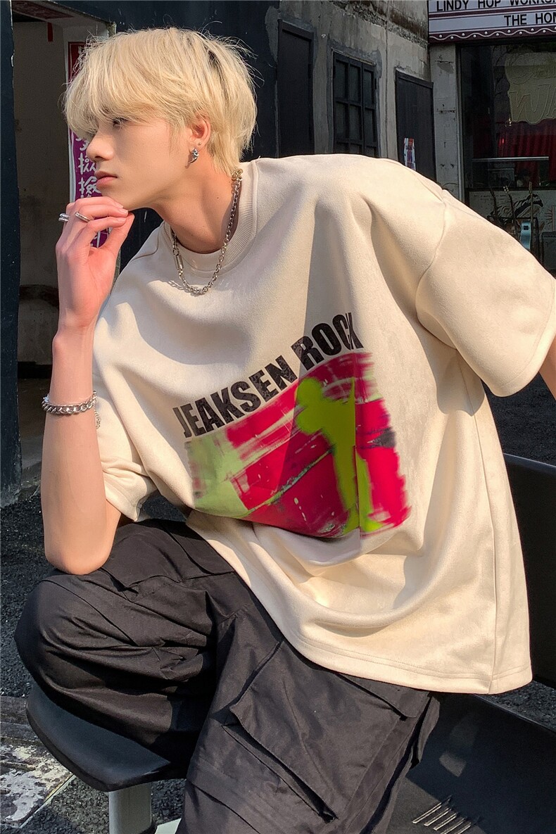 2023夏季新款美式街头短袖麂皮绒摇滚印花T恤JK23272-p45-控58,男装T恤,星座605(原A050)