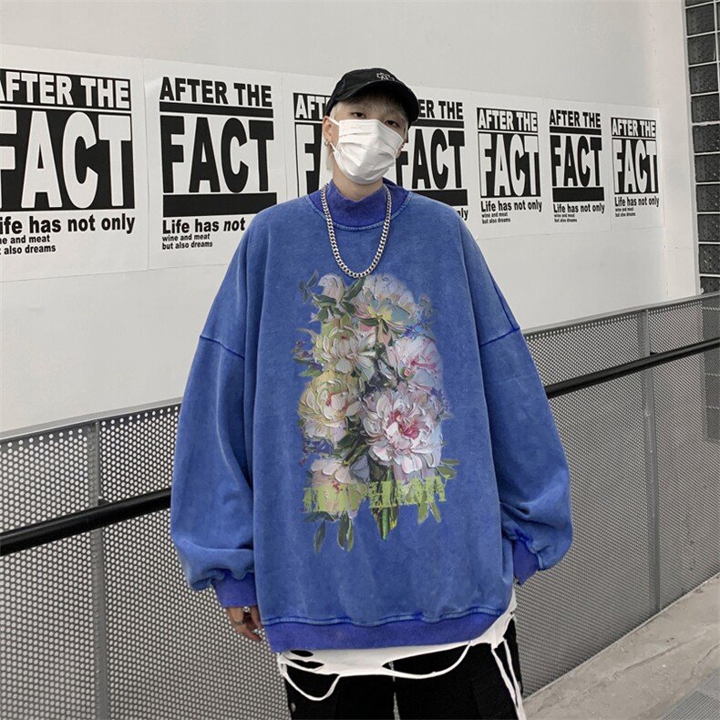 水洗做旧加绒加厚卫衣男23冬高领油画花朵打底衫XZ514-2-X51-P78,男装T恤,星座514-2(原B239)