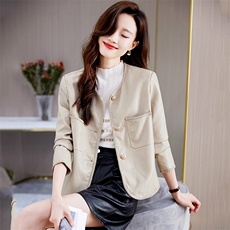PU皮衣女短款圆领2023洋气显瘦百搭小个子显高长袖皮夹克上衣外套，女装皮衣，潮流依族