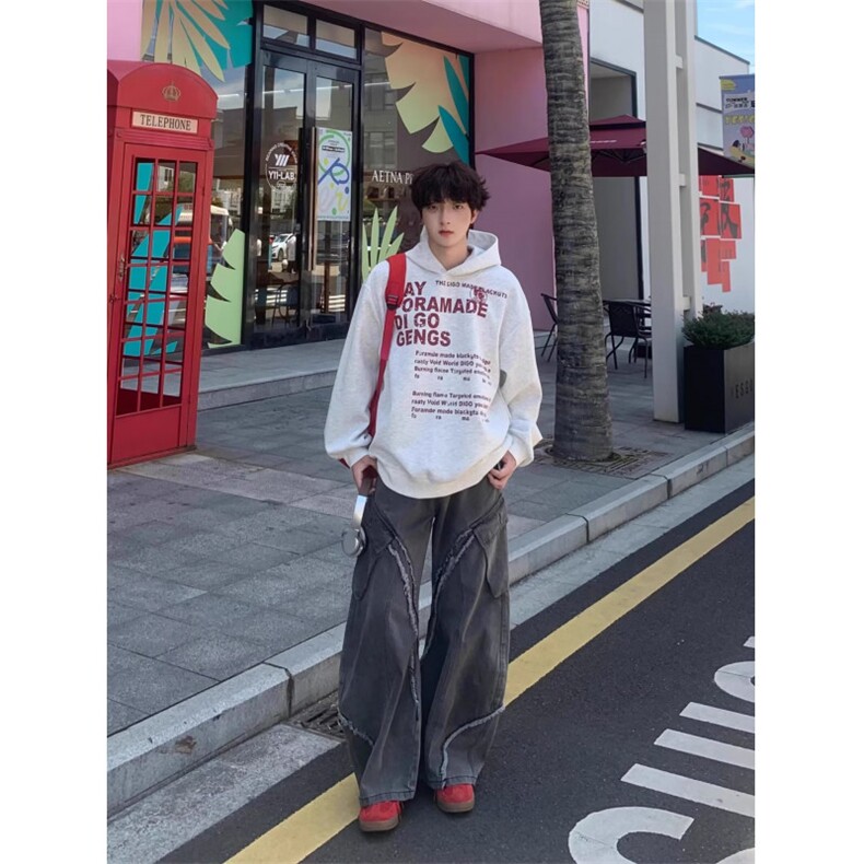 毛边破洞牛仔裤男痞帅炸街vibe风嘻哈水洗做旧宽松直筒裤NZX630,男装牛仔裤,星座516A