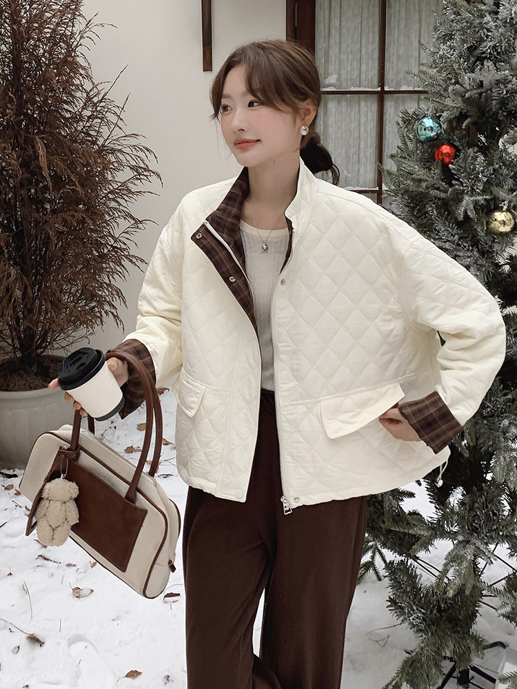 米白色撞色菱格保暖棉服外套2c309-872-p175-k258,女装棉衣/棉服,2C309
