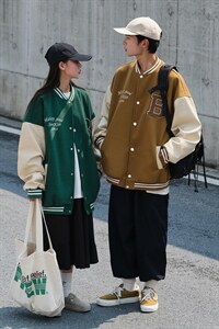 主推 情侣装秋 拼接毛巾绣棒球服呢料夹克外套潮 G1016 P108女类图片