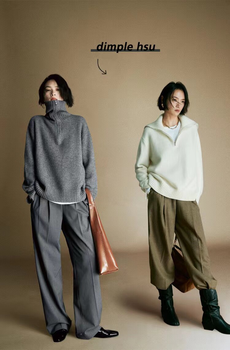 秋冬新款翻领女拉链毛衣宽松慵懒风针织打底衫上衣内搭潮，女装针织衫/毛衣，半城羊绒