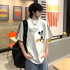 抖音得物高品质二开240克宽松纯棉美式潮牌三条杠织带短袖T恤，男装T恤，电商A486-1