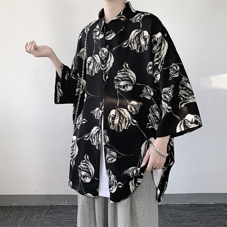 花色短袖衬衫港风日系设计感小众衬衣潮ins痞帅宽松A071-C41-P38,男装衬衫,电商A071