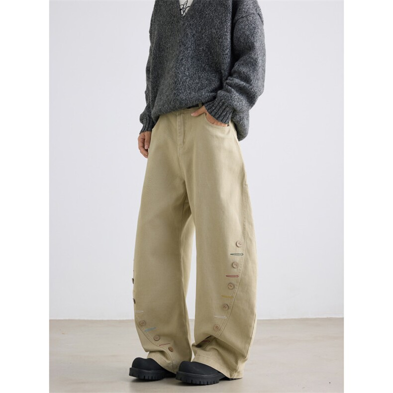 美式复古扣子弯刀裤牛仔裤休闲阔腿裤设计感拖地裤长裤N759-P60，男装牛仔裤，星座308B-2