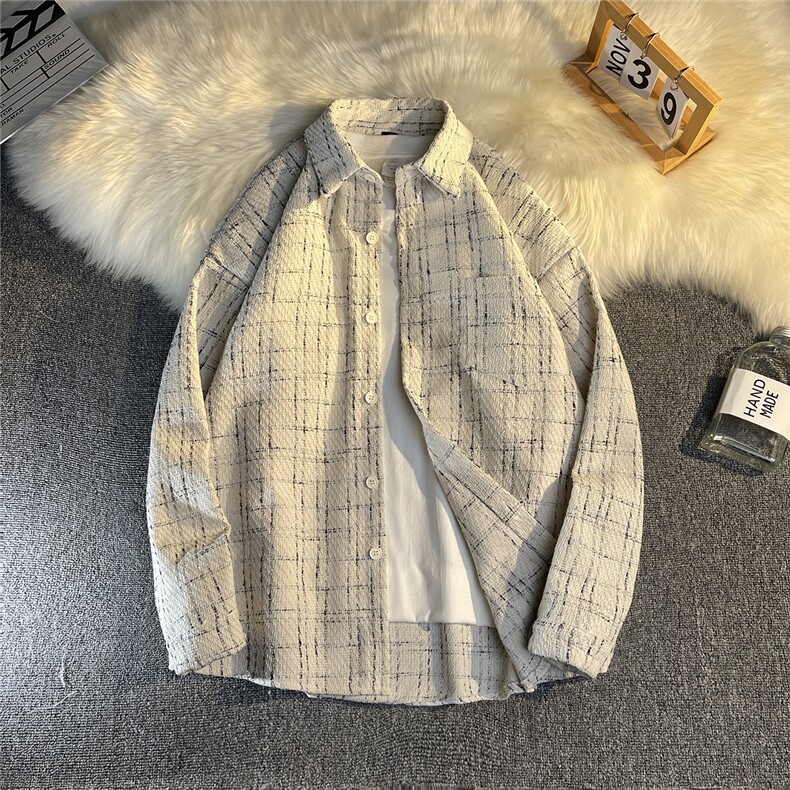加厚格子男士潮流宽松潮牌秋季呢料休闲衬衣外套DX129P60,男装衬衫,电商B413-1