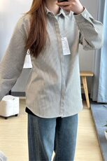 复古条纹长袖衬衣高品质衬衫男女同款运动休闲打底衫外套TW01p40，女装衬衫，电商D256-2(原A064-2)