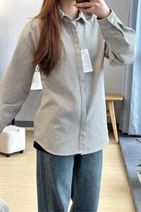 复古条纹长袖衬衣高品质衬衫男女同款运动休闲打底衫外套TW01p40图片