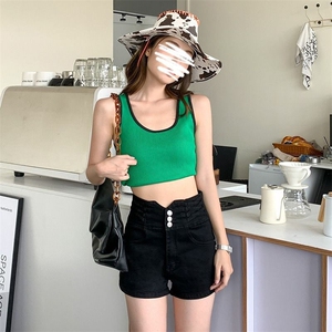 美式高腰束腰三排扣牛仔短裤设计交叉系带感显瘦显高a字短裤图片