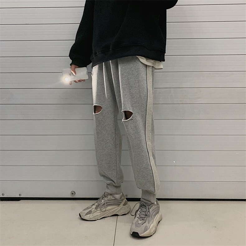 春季新品破洞休闲裤男女韩版长裤运动束脚裤子chic风T图片